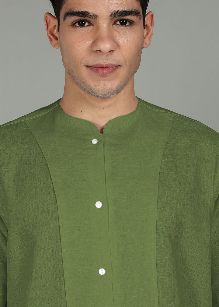 Neev - Full Sleeve Pure Linen Short Kurta - Cossack Green