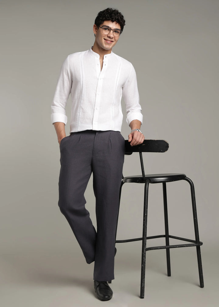 Zephr - Pure Linen Mandarin Collar Lace Detail Full Sleeve Shirt - White