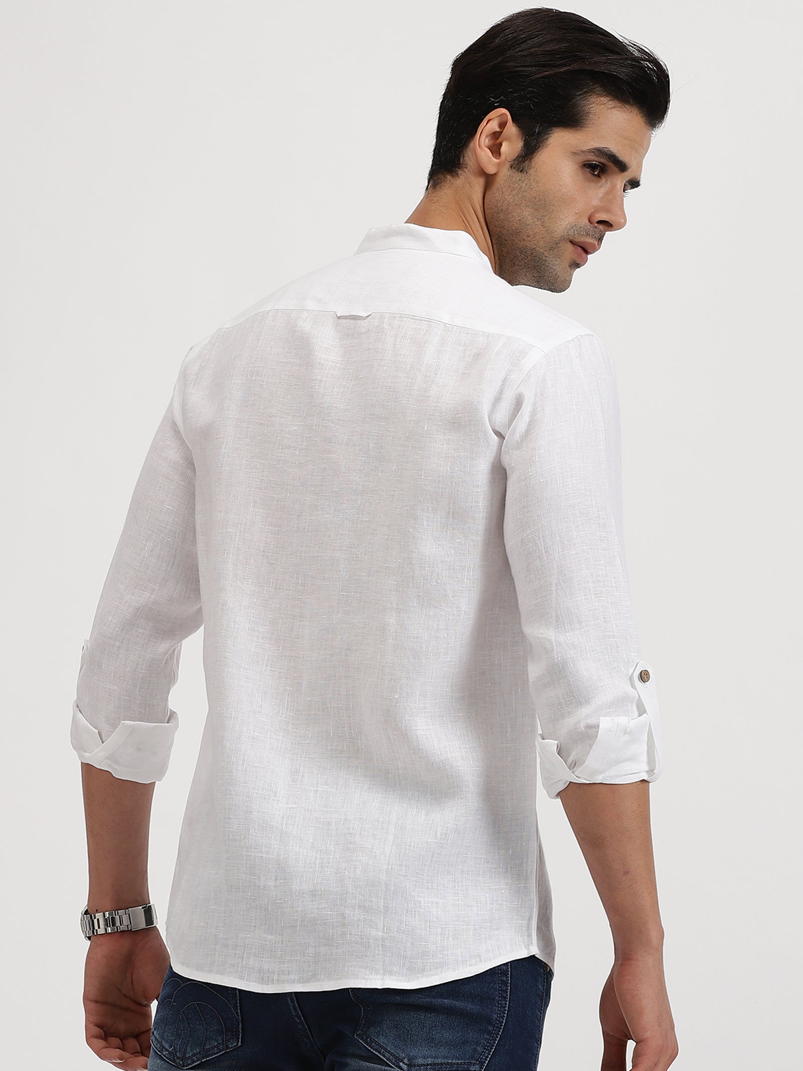 Double Pocket Mandarin Collar Pure Linen Full Sleeve Shirt for Men