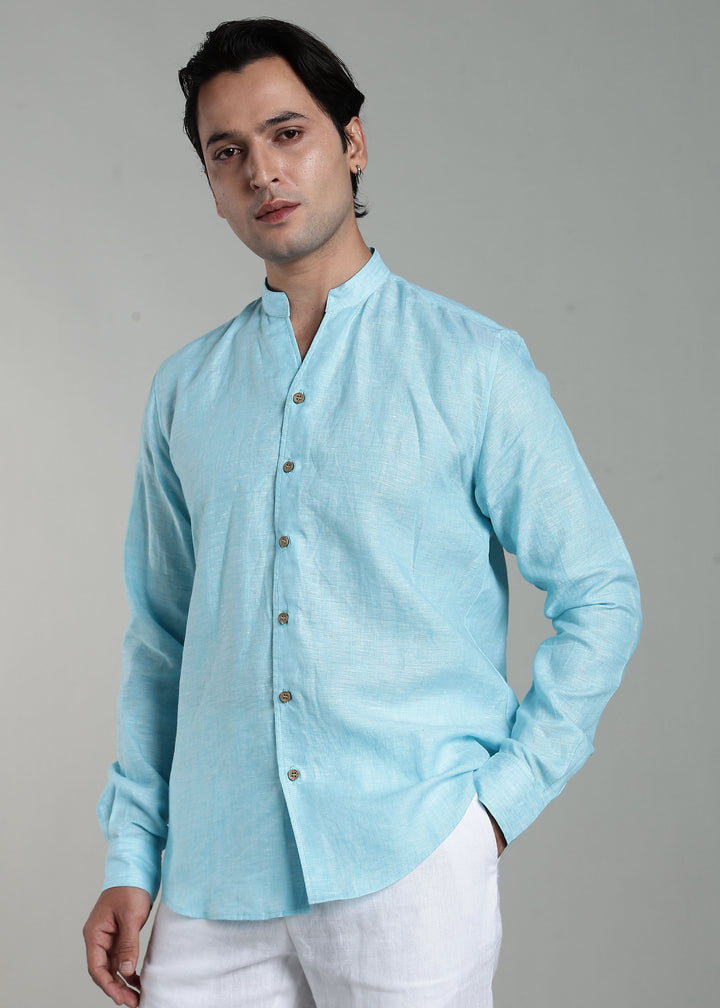 Craig - Pure Linen V Neck Full Sleeve Shirt - Blue Chambray