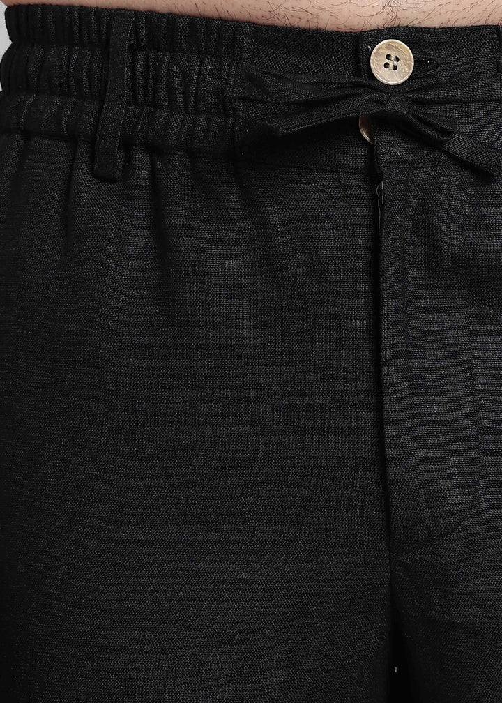 Drake - Pure Linen Trousers With Elastic Waist Band, Drawcord & Zipper - Black