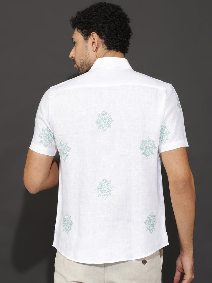 Sloan - Pure Linen Embroidered Half Sleeve Shirt - Green