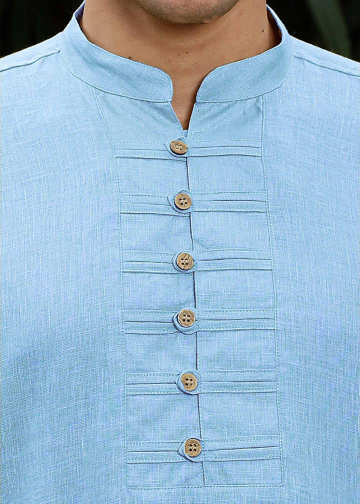 Shaan - Full Sleeve Band Collar Pure Linen Kurta - Olympic Blue