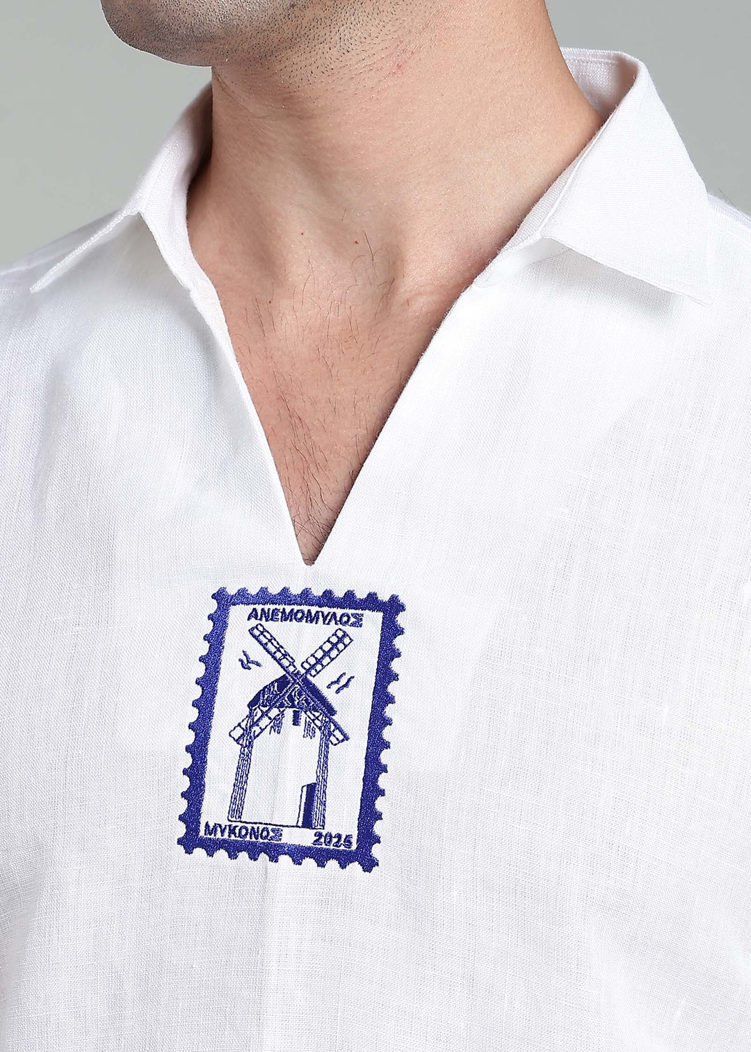 Vento - Pure Linen Relaxed V Neck T Shirt - White with Blue Embroidery