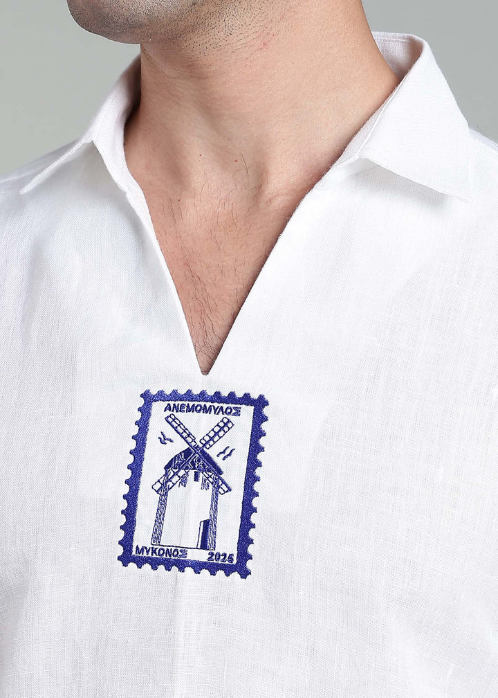 Vento - Pure Linen Relaxed V Neck T Shirt - White with Blue Embroidery