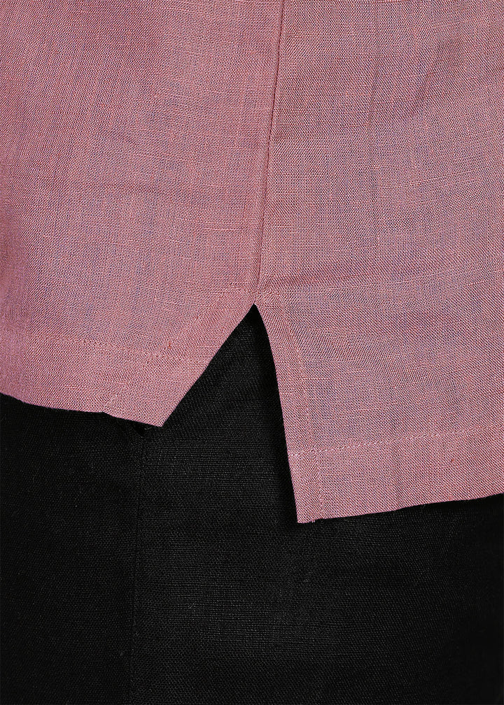 Aero - Pure Linen Front Zipper T-Shirt with Stylized Collar - Dusty Pink