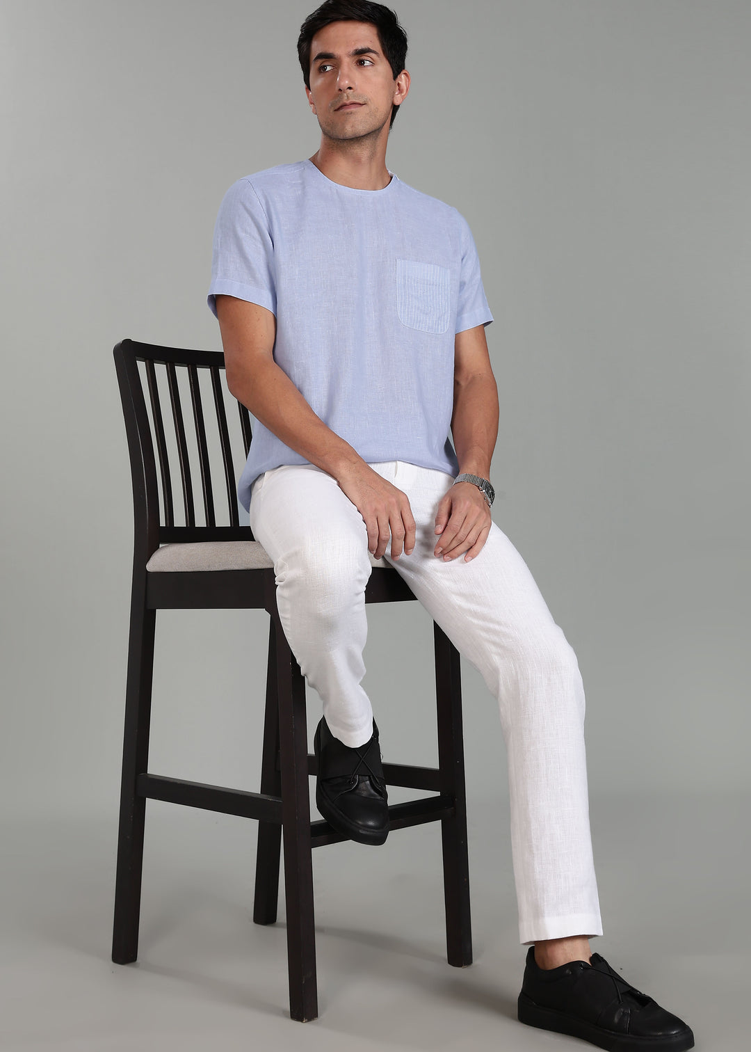 Simon - Pure Linen Stitch Detail Short Sleeve T-Shirt - Periwinkle Blue