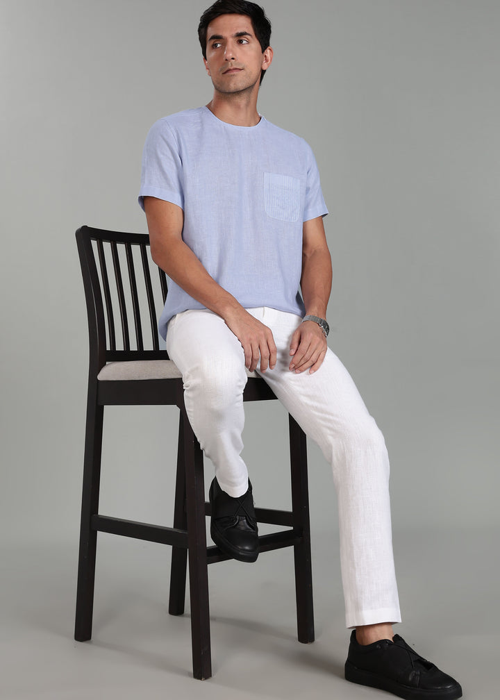 Simon - Pure Linen Stitch Detail Short Sleeve T-Shirt - Periwinkle Blue