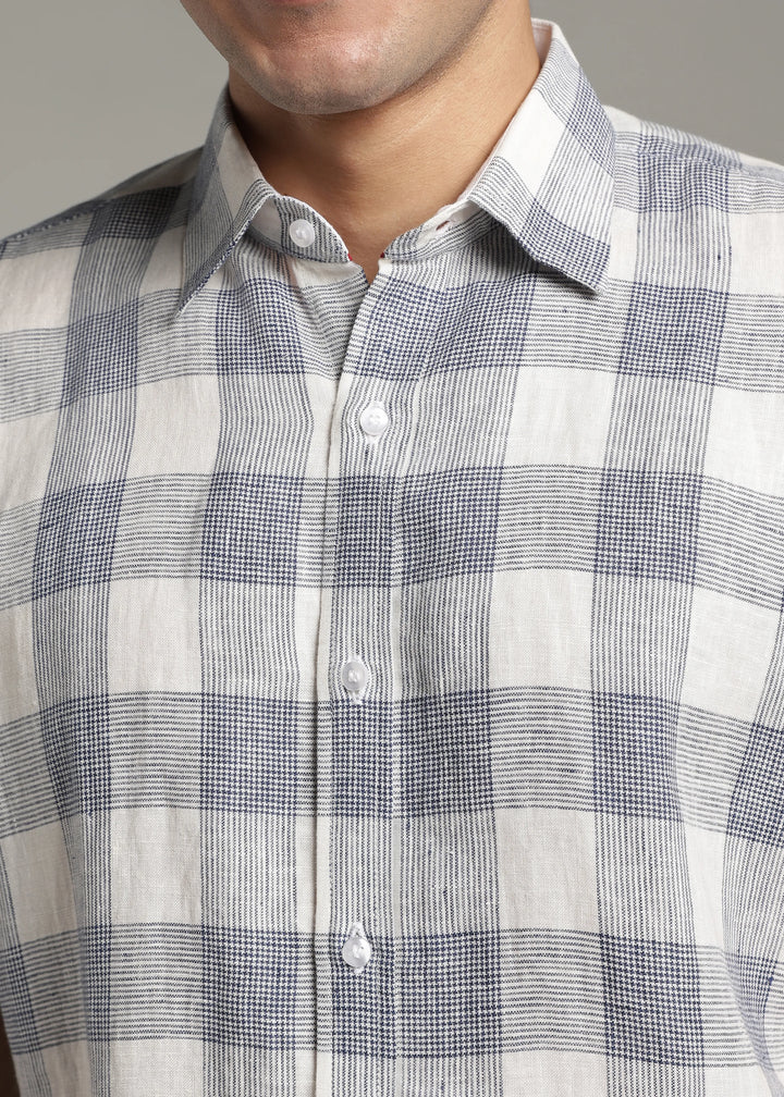 Glen- Pure Linen Half Sleeve Checks Shirt - White