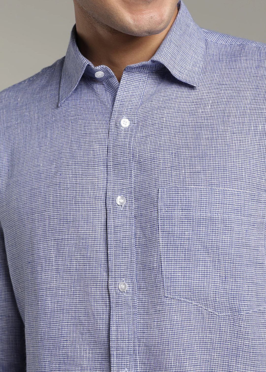 Harvey - Pure Linen Full Sleeve Shirt - Blue Houndstooth
