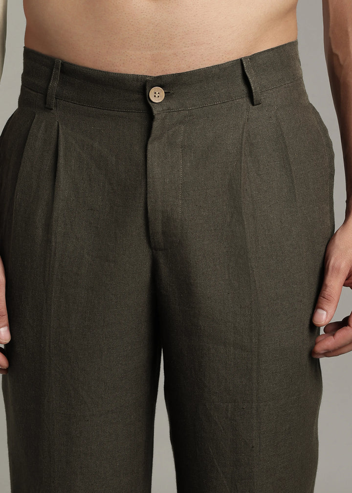 Calvin - Pure Linen Double Pleated Trousers - Camo Green