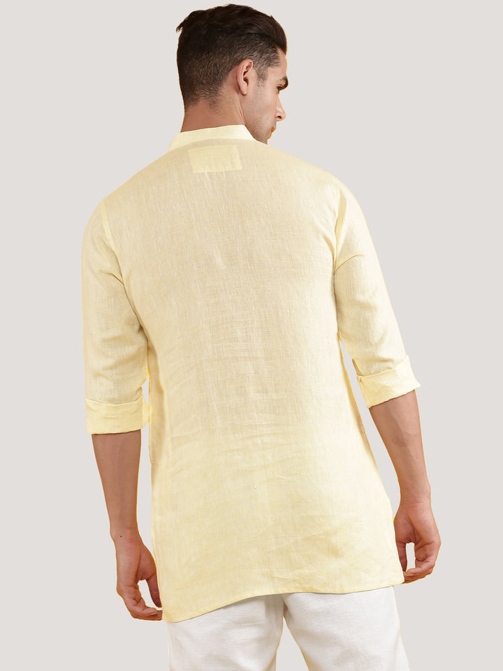 Kurta Sets - Abe Embroidered Pure Linen Short Kurta | Light Yellow