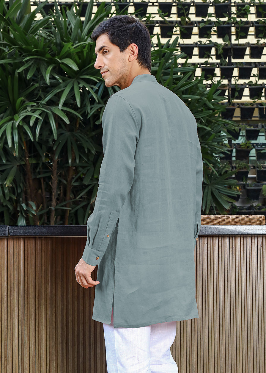 Sid Kurta - Pure Linen Kurta with Concealed Placket - Mineral Grey