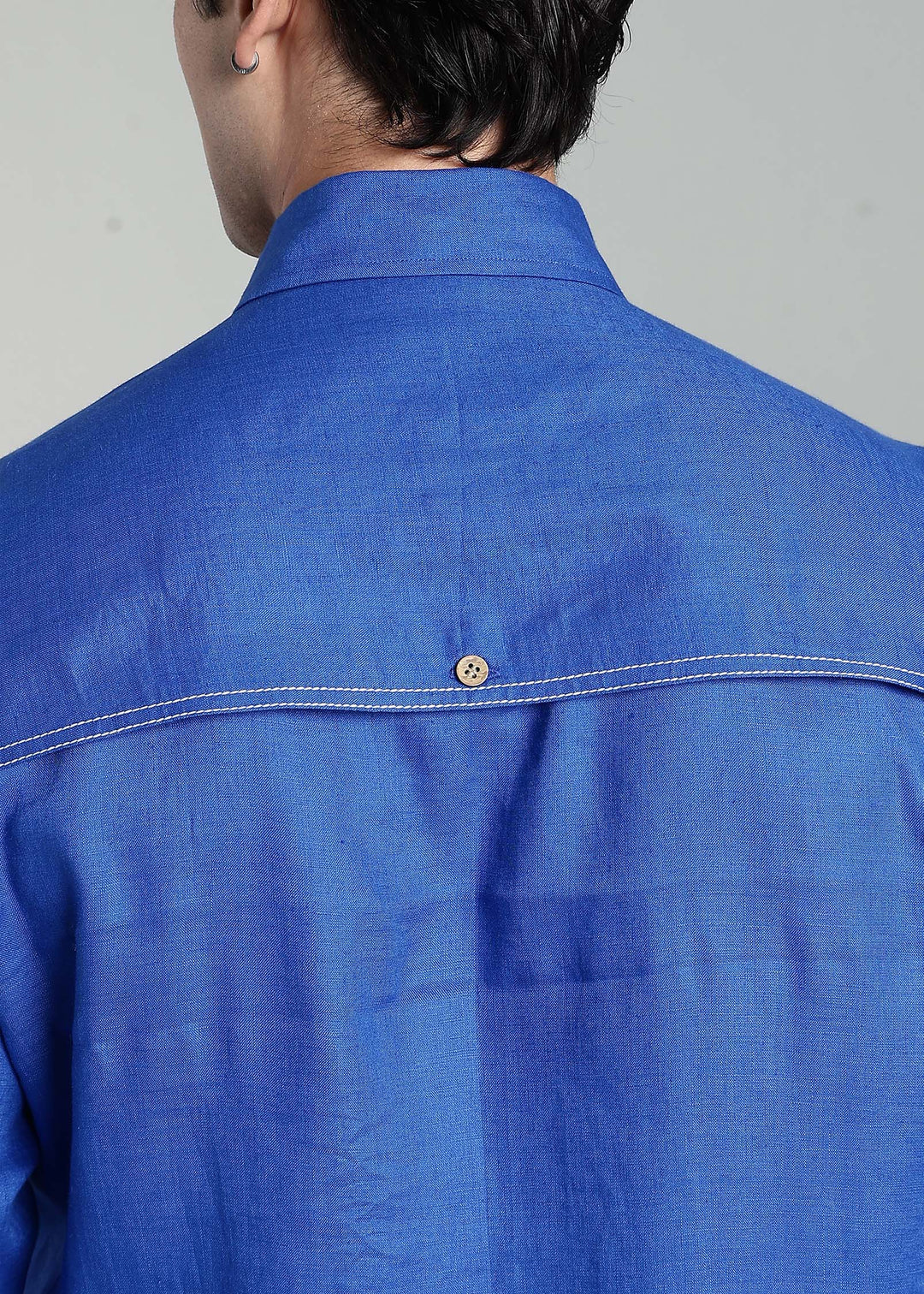 Nemo - Pure Linen Full Sleeve Shirt with False Flap Yoke and White Stitching Detailing - Egyptian Blue