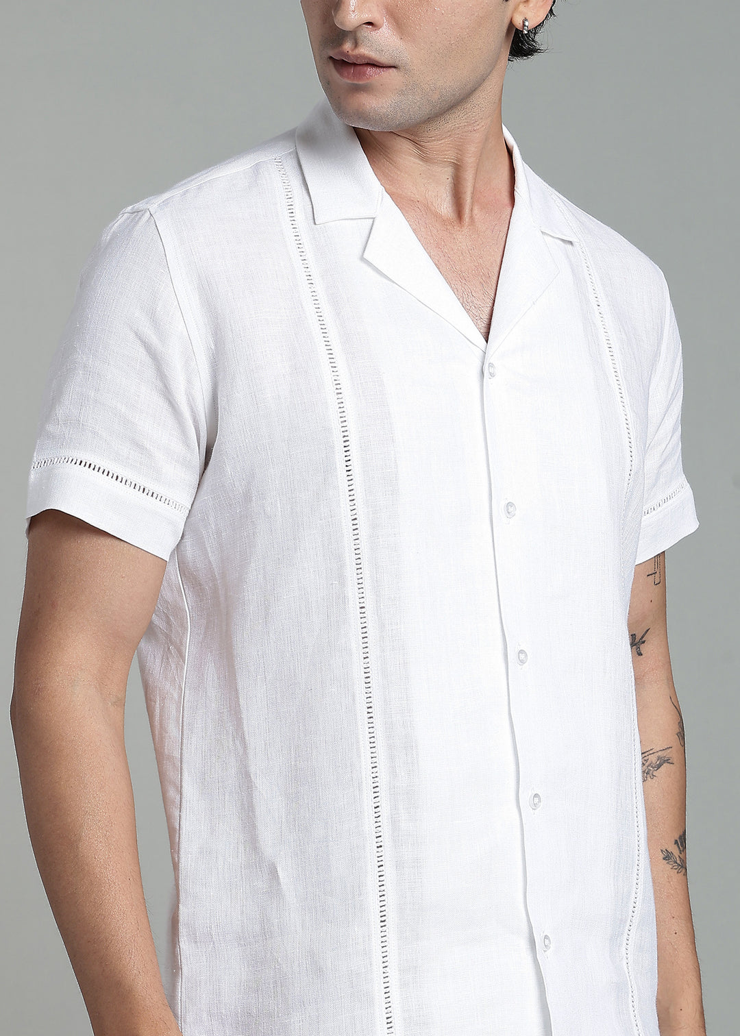 Zephr - Pure Linen Half Sleeve Cuban Collar Shirt with Lace Detail - White