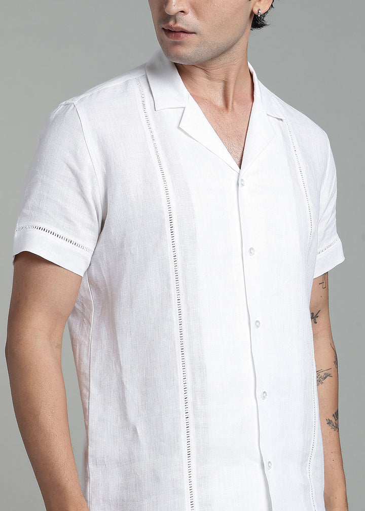 Zephr - Pure Linen Half Sleeve Cuban Collar Shirt with Lace Detail - White