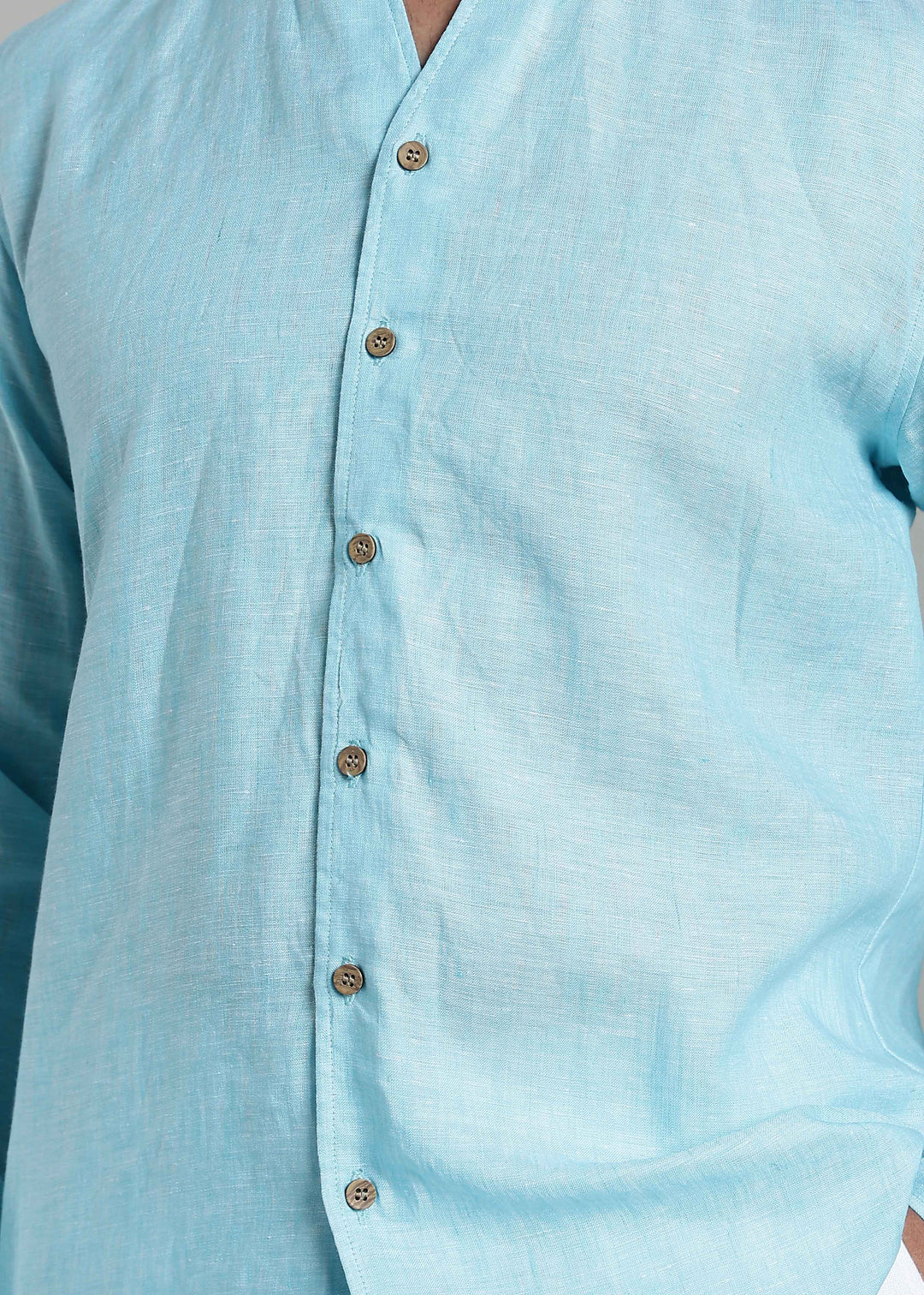 Craig - Pure Linen V Neck Full Sleeve Shirt - Blue Chambray
