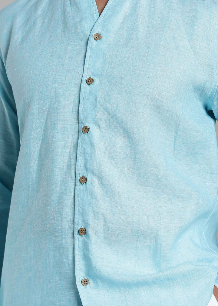 Craig - Pure Linen V Neck Full Sleeve Shirt - Blue Chambray