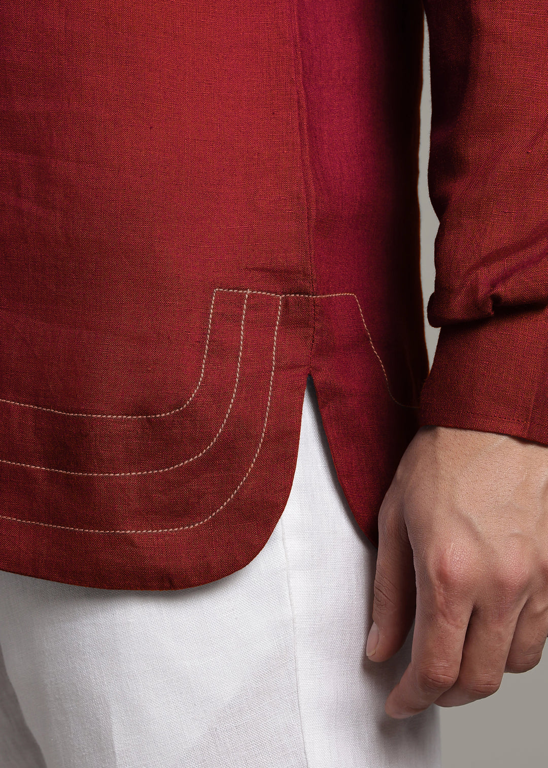 Saif - Pure Linen Full Sleeve Short Kurta with Hem Stitch Detail - Red Wine