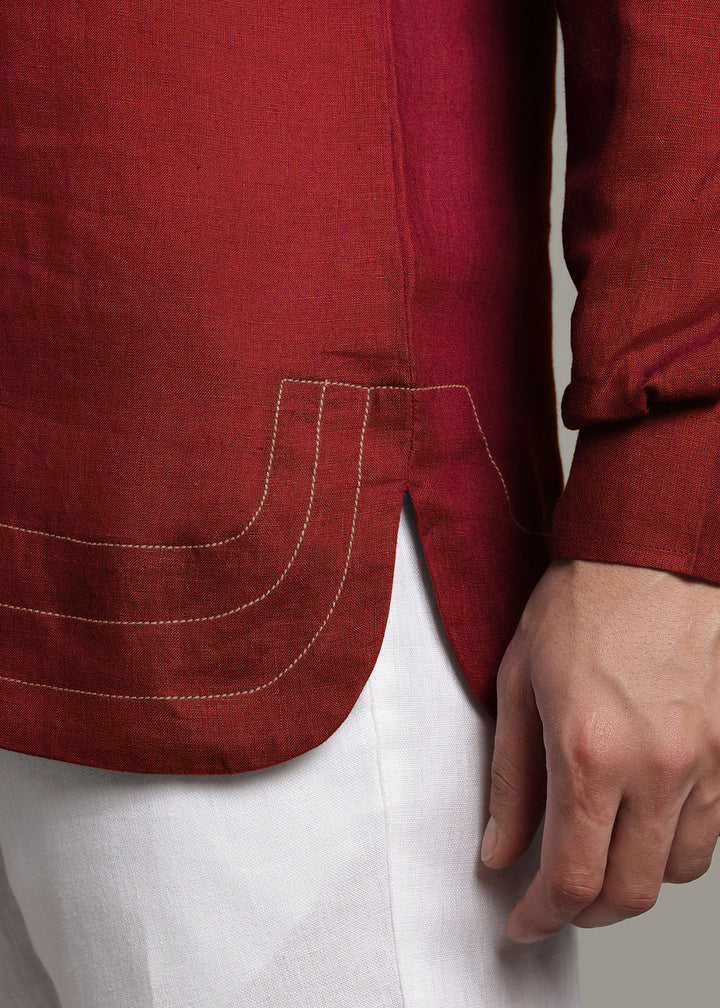 Saif - Pure Linen Full Sleeve Short Kurta with Hem Stitch Detail - Red Wine
