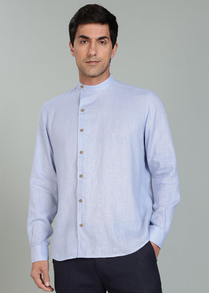 Floyd Shirt - Pure Linen Mandarin Collar Shirt - Periwinkle Blue