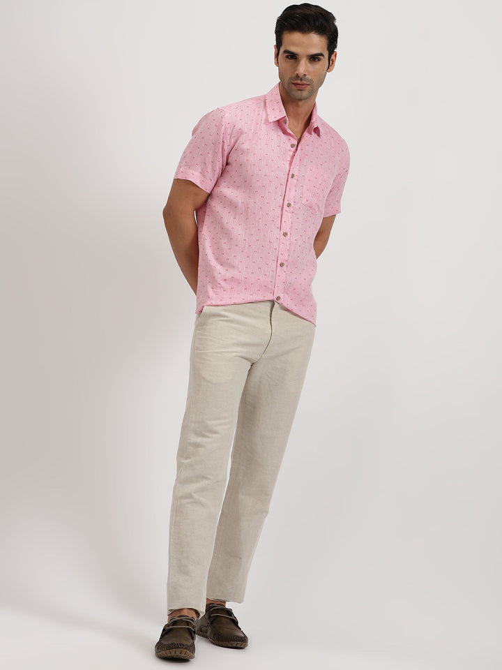 Haynes - Pure Linen Block Printed Dobby Half Sleeve Shirt - Pink | Rescue