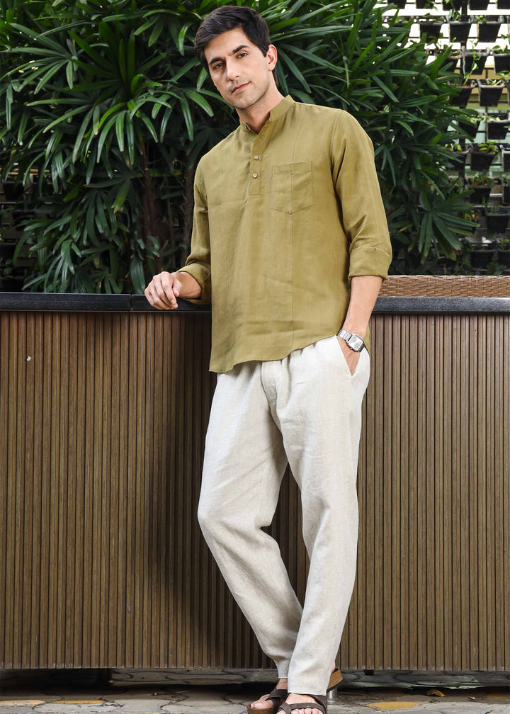 Trevor - Half Placket Pure Linen Full Sleeve Shirt - Golden Olive Green