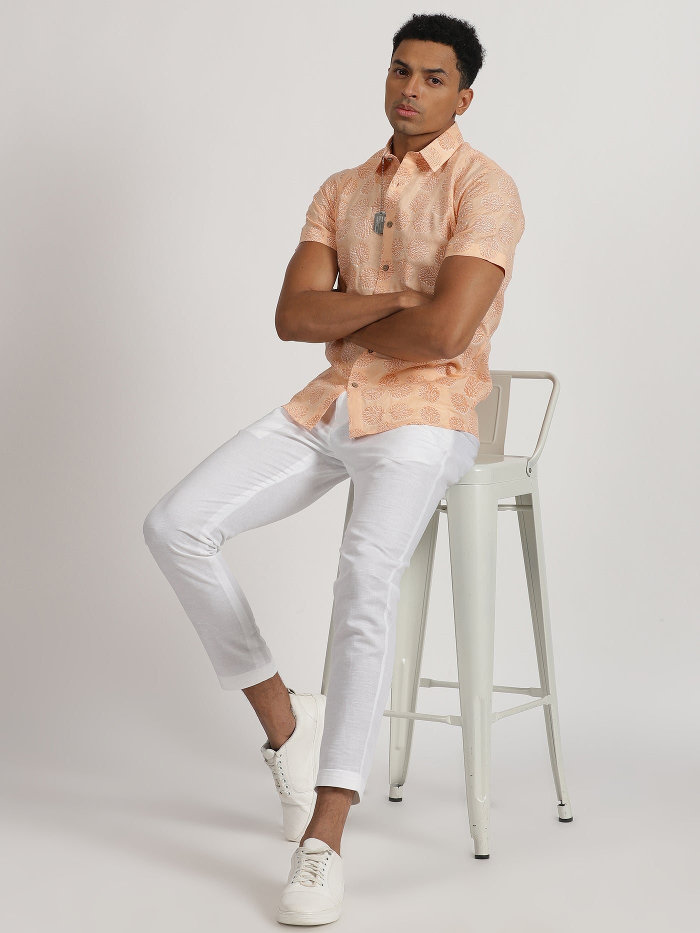 Tropical Fusion Look | Sherbet Orange Hand Block Printed Shirt & Pure White Trousers
