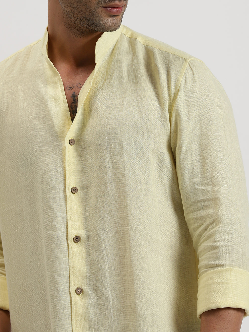 Craig - Pure Linen V Neck Full Sleeve Shirt - Light Yellow