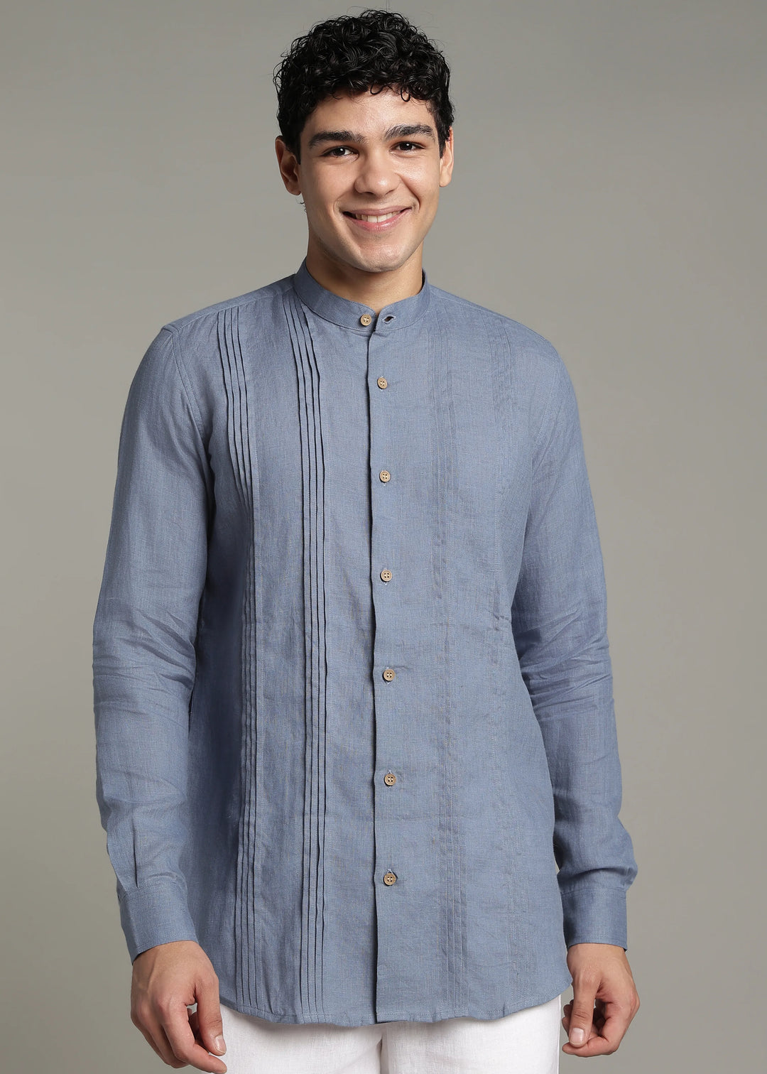 Archer - Pure Linen Mandarin Collar Pleat Detail Full Sleeve Shirt - Blue Grey