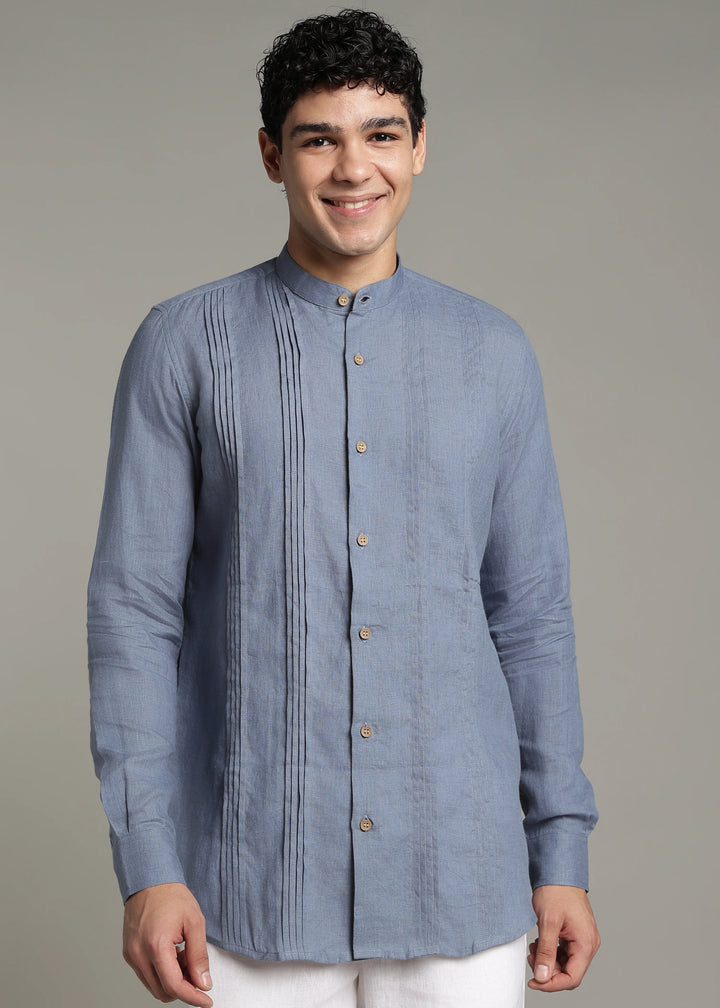 Archer - Pure Linen Mandarin Collar Pleat Detail Full Sleeve Shirt - Blue Grey