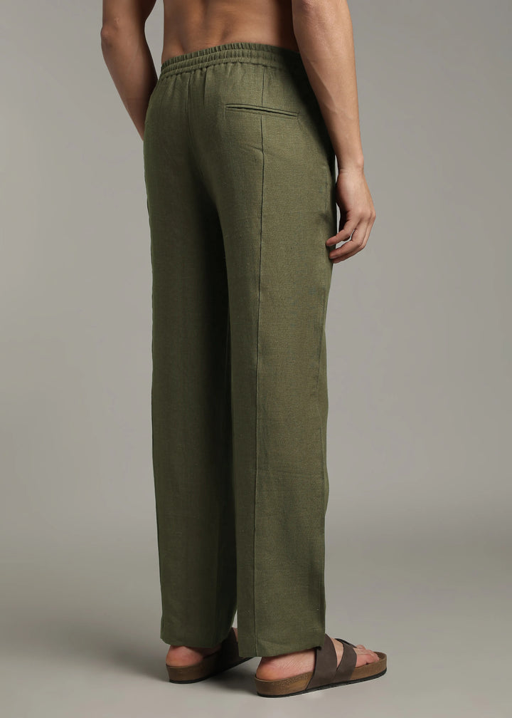Art Pants - Pure Linen Elastic Casual Pants with Drawstrings - Military Green