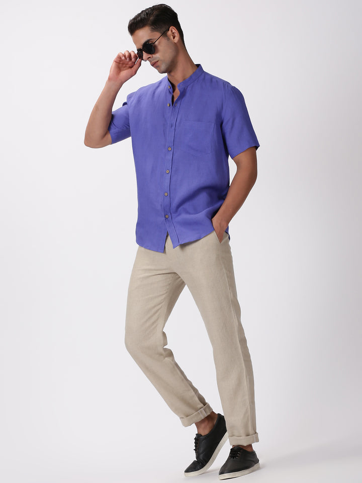 Enzo - Pure Linen Mandarin Collar Half Sleeve Shirt - Iris Purple