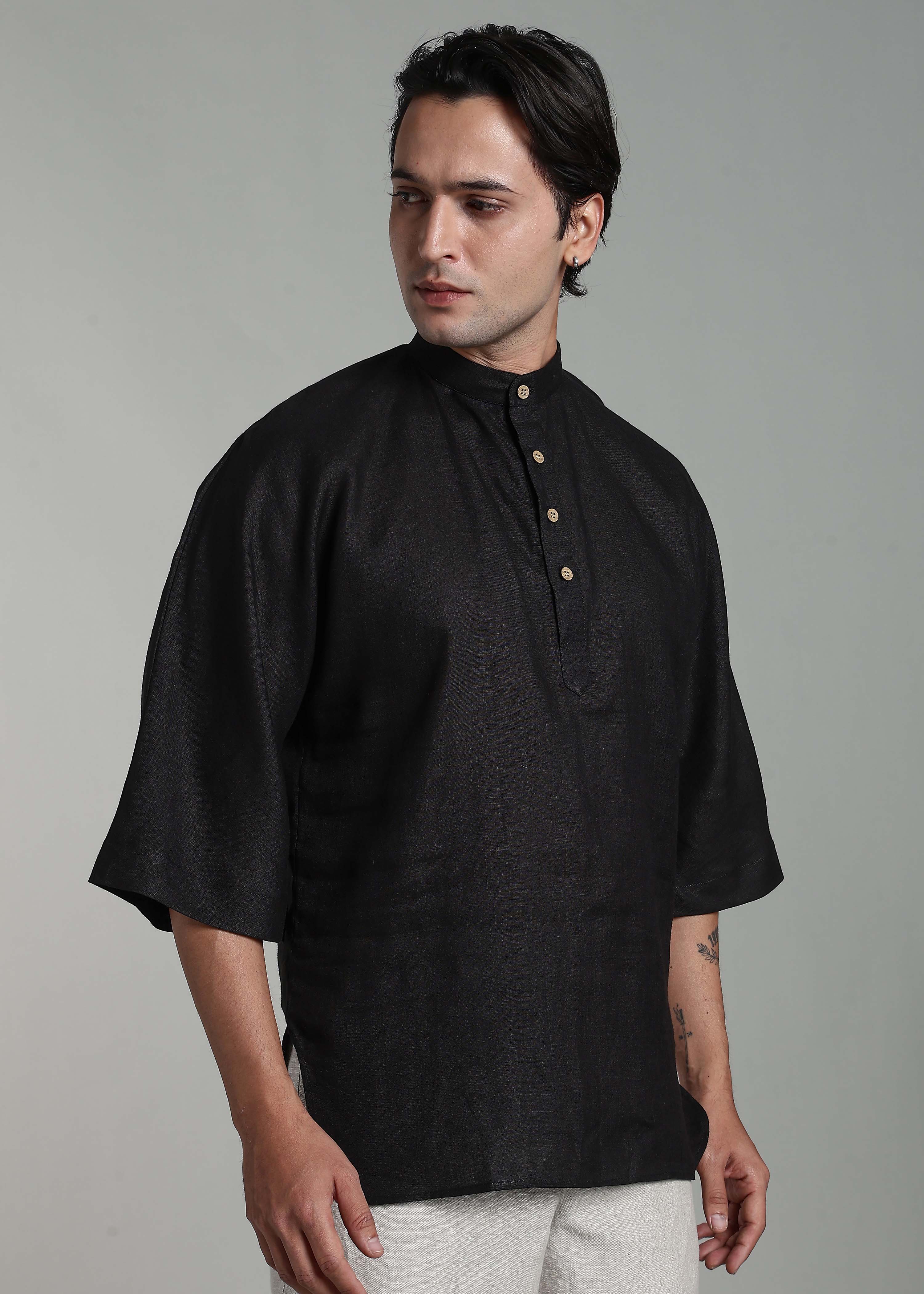 Black Three Quarter Sleeve Pure Linen Short Kimono Kurta – Linen Trail