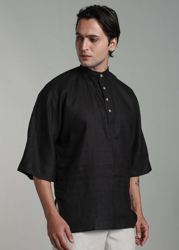 Sora - Three Quarter Sleeve Pure Linen Short Kimono Kurta - Black