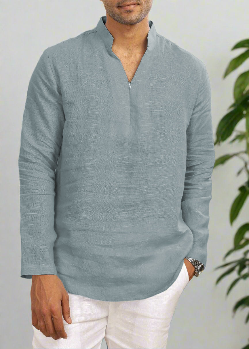 Man wearing a 100% pure linen mineral grey short kurta with a white background