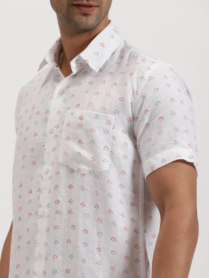 Adam - Pure Linen Block Printed Half Sleeve Shirt - Red, Grey & White