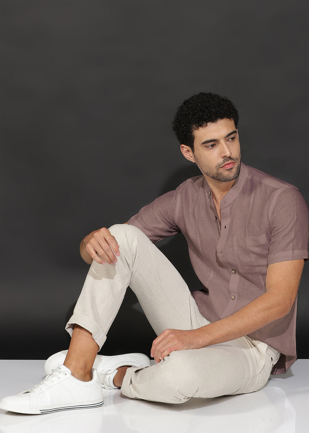 Trevor - Pure Linen Mandarin Collar Half Sleeve Shirt - Toasted Brown