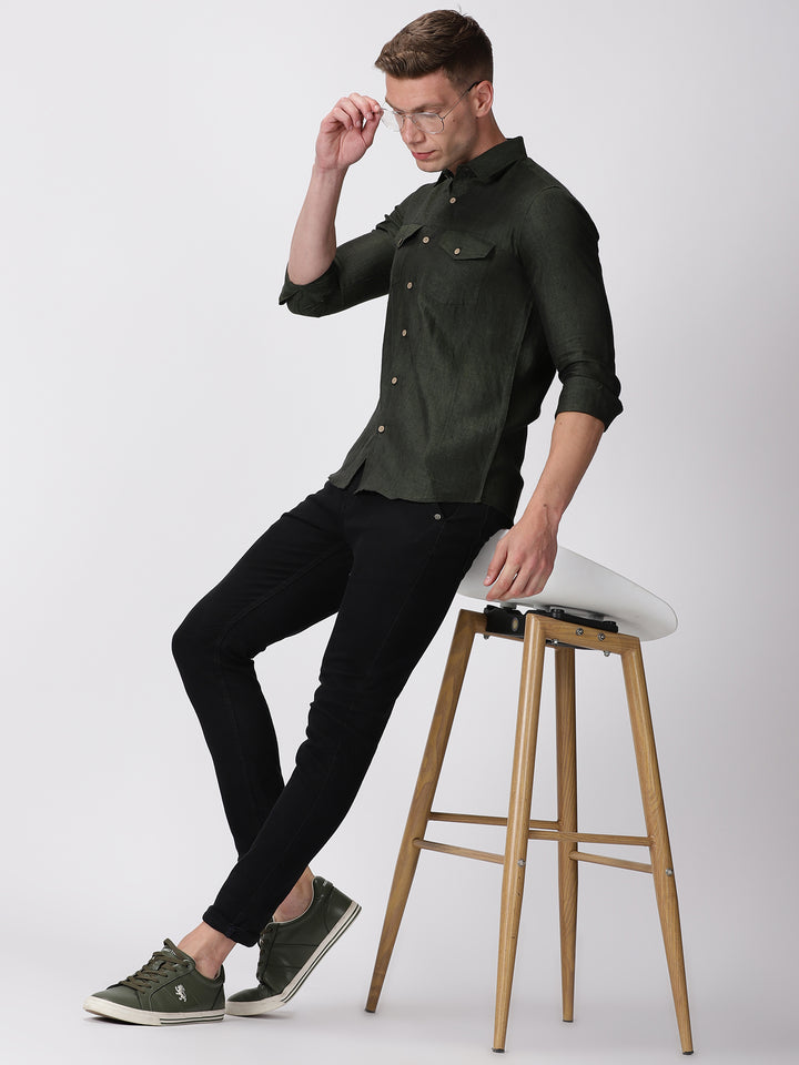 Thomas - Pure Linen Double Pocket Full Sleeve Shirt - Forest Green
