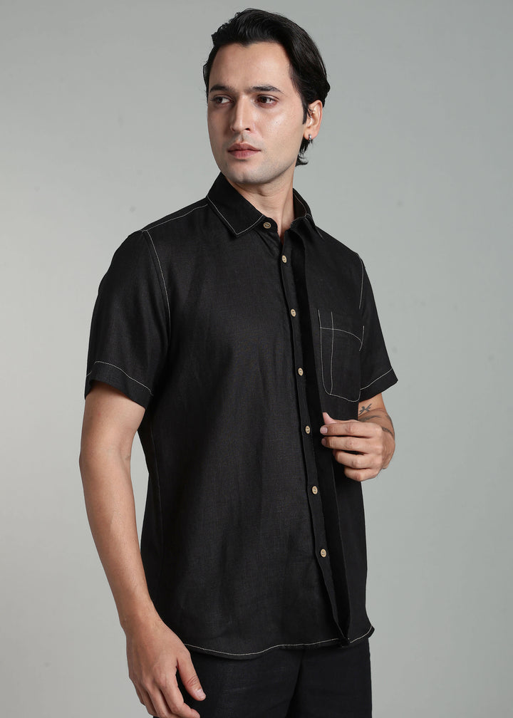 Paul - Pure Linen Stitch Detailed Half Sleeve Shirt - Black