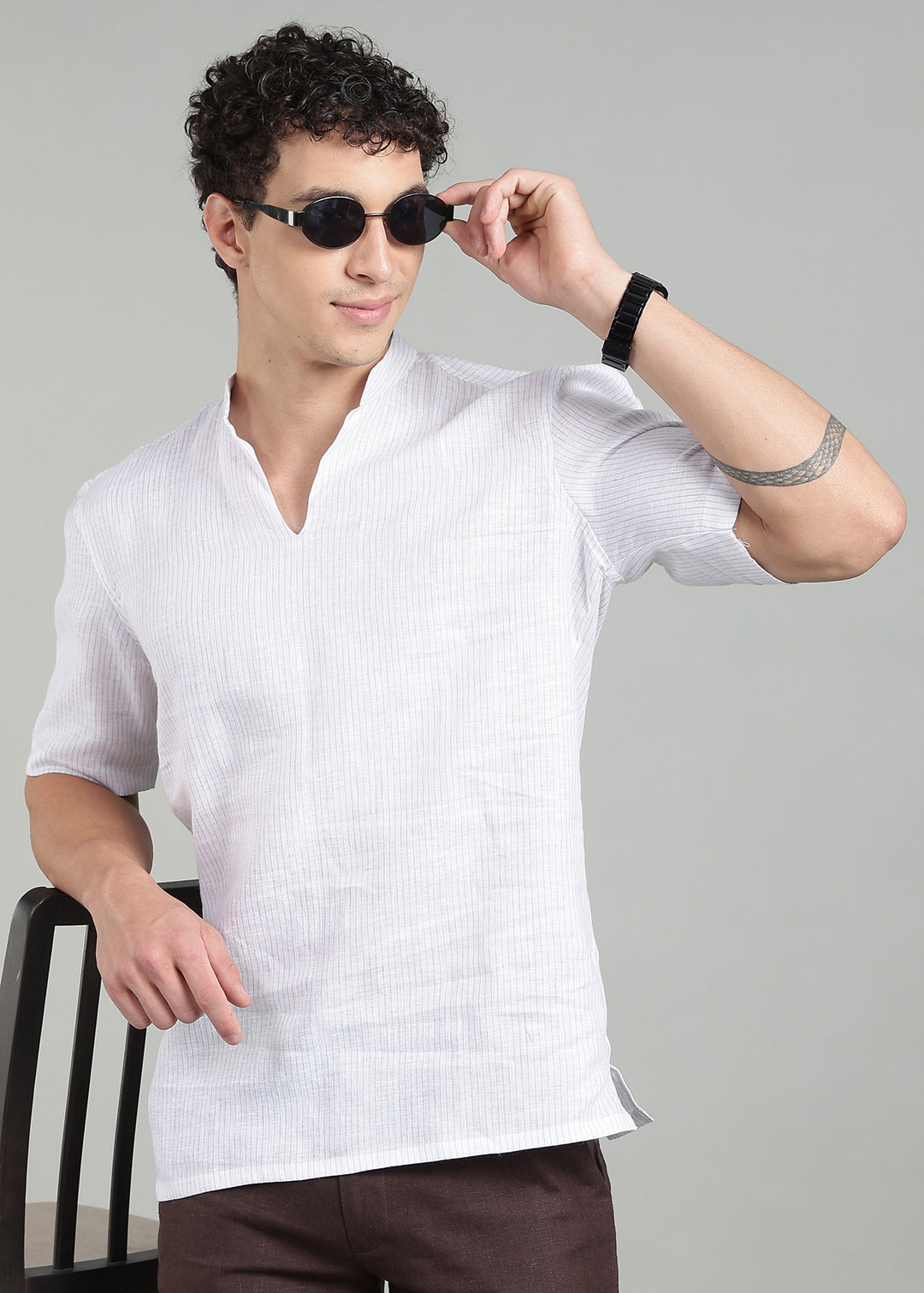 Zodiac - Pure Linen Mandarin Collar Relaxed T-Shirt - Brown Pinstripe