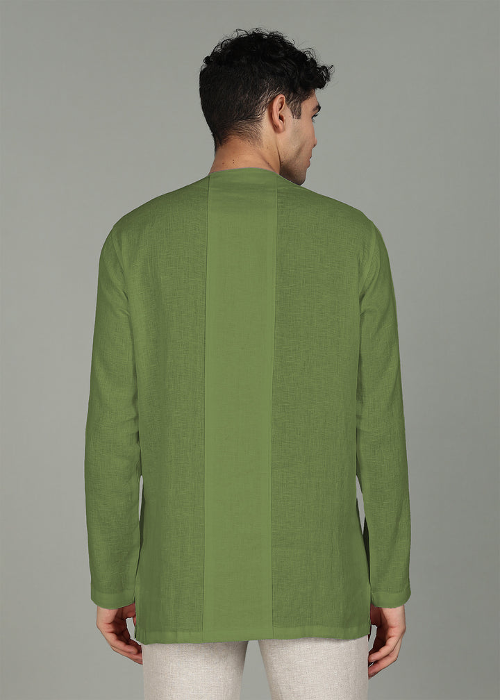 Neev - Full Sleeve Pure Linen Short Kurta - Cossack Green