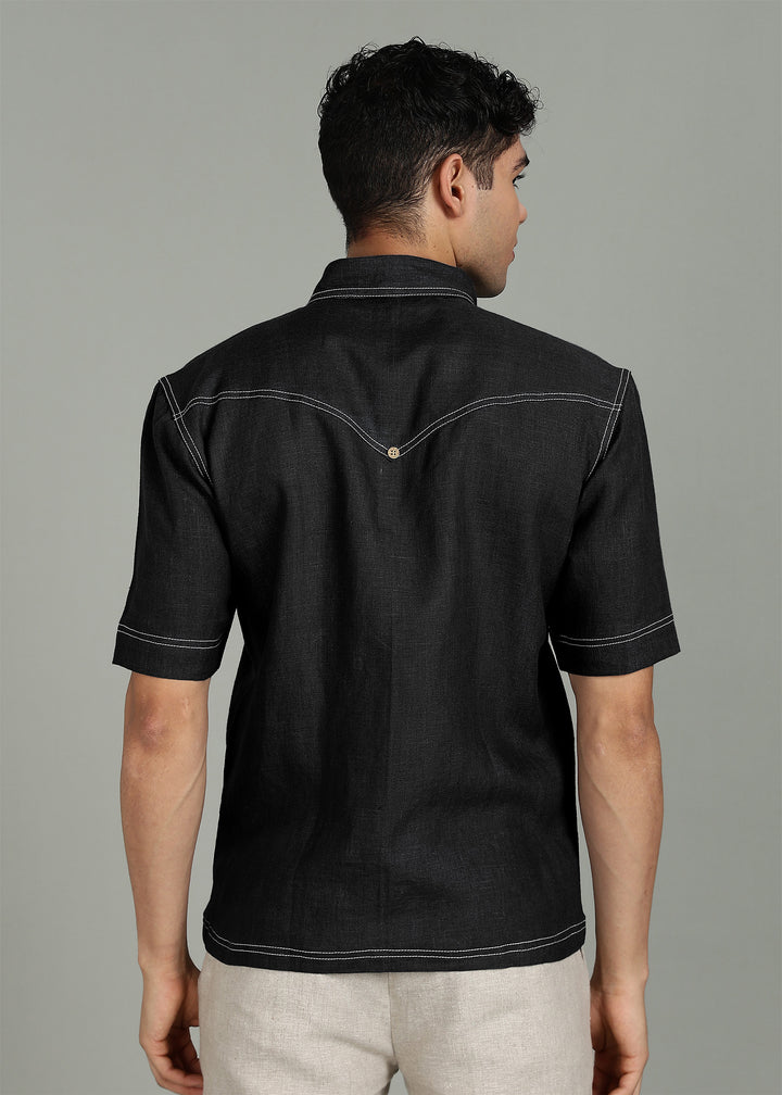 Holt - Pure Linen 25 Lea Shirt with Contrast Stitch Details - Black