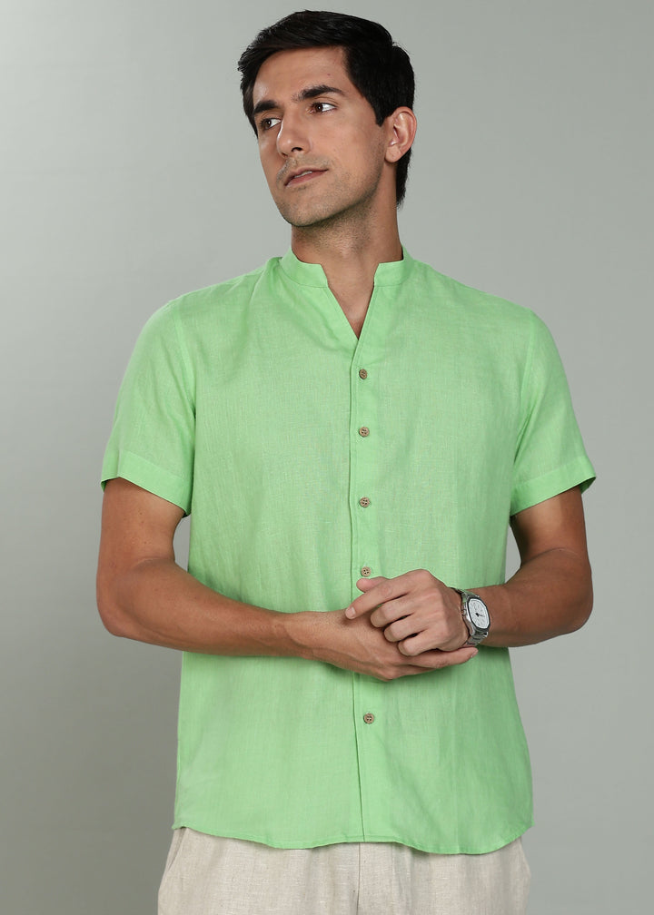 Craig - Pure Linen V Neck Short Sleeve Shirt - Light Green