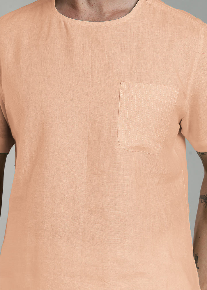 Simon - Pure Linen Stitch Detail Short Sleeve T-Shirt - Light Cinnamon