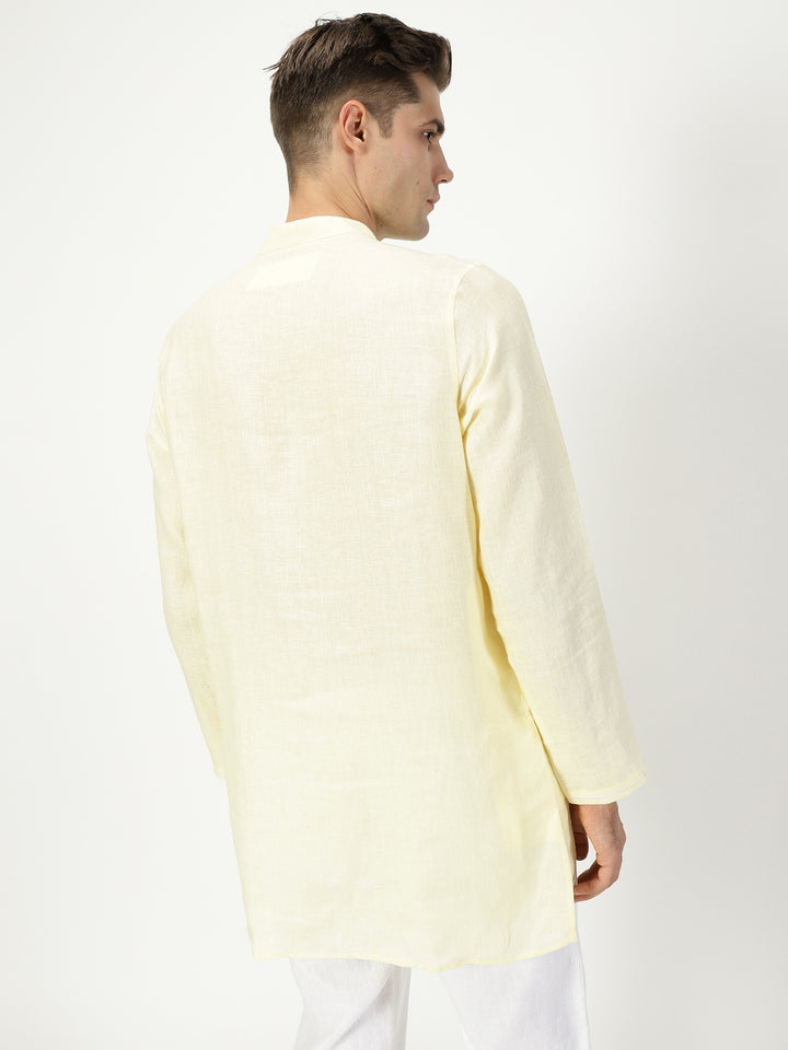 Ved - Embroidered Full Sleeve Chambray Pure Linen Short Kurta - Light Yellow