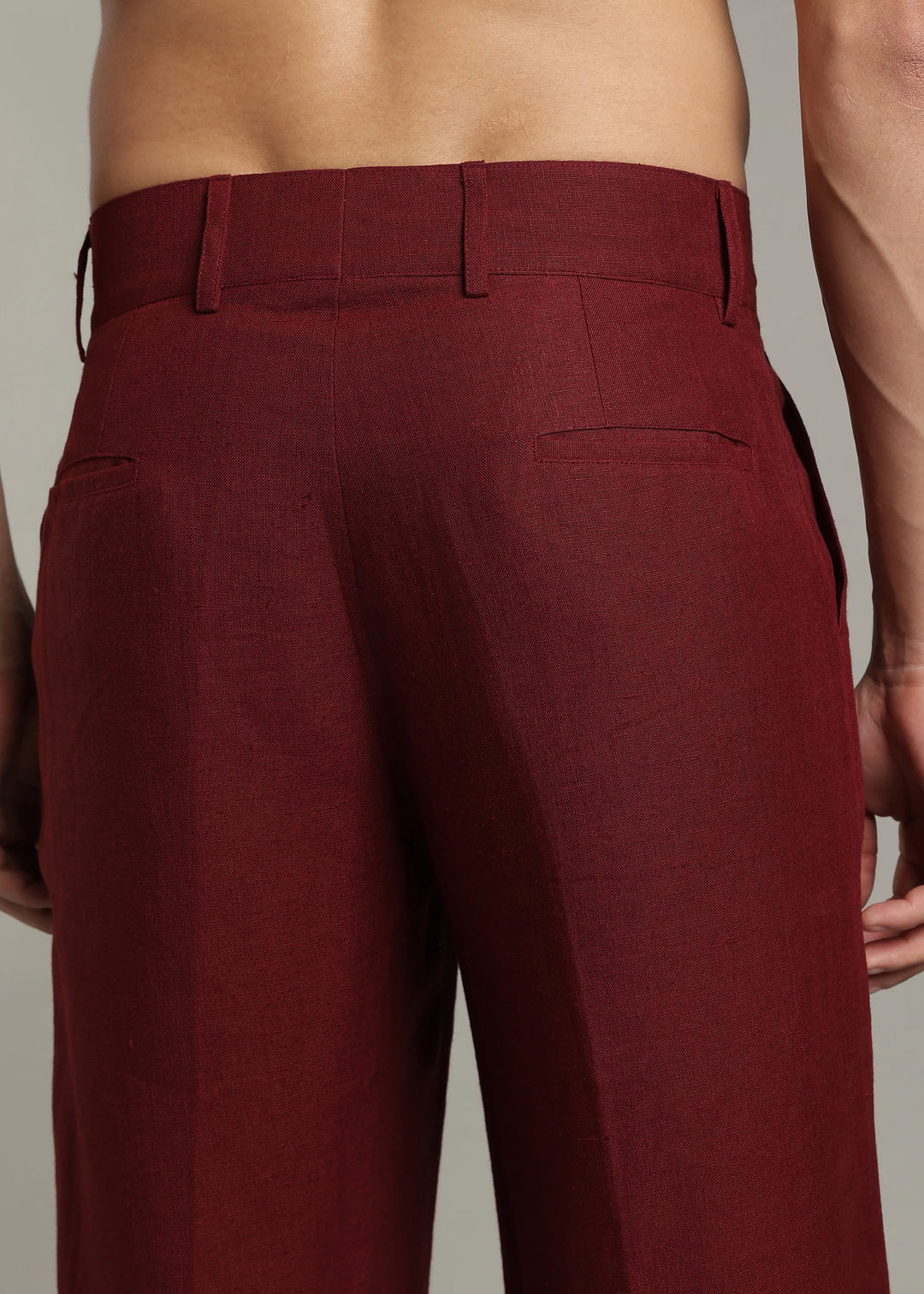 Ashford - Pure Linen Double Pleated High Waisted Trousers - Dark Maroon