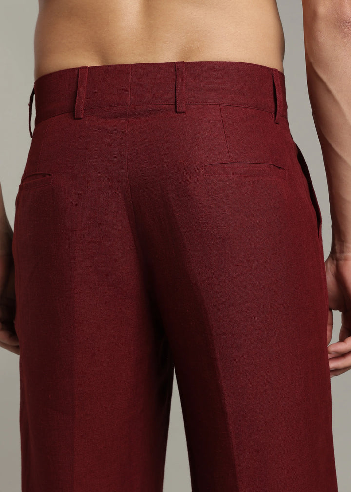 Ashford - Pure Linen Double Pleated High Waisted Trousers - Dark Maroon