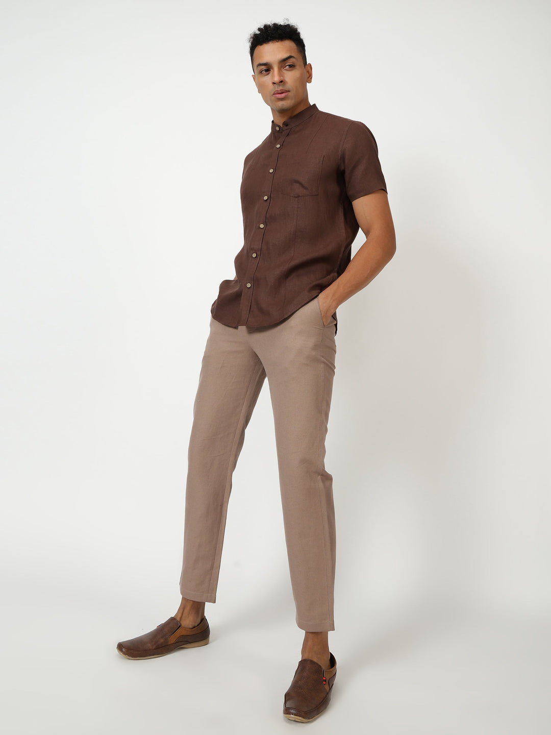 Trevor - Pure Linen Mandarin Collar Half Sleeve Shirt - Coffee Brown | Relove