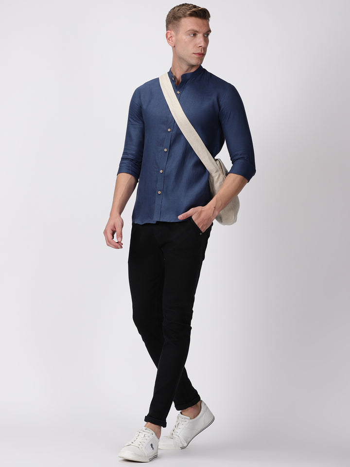 Denim Delight Look | Ronan Denim Blue Shirt & Pure Black Trousers